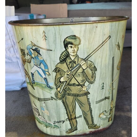 Davy Crockett Vintage 1956 Metal Trash Can 11.5" H x 11" L x 7" W - Picture 8 of 12